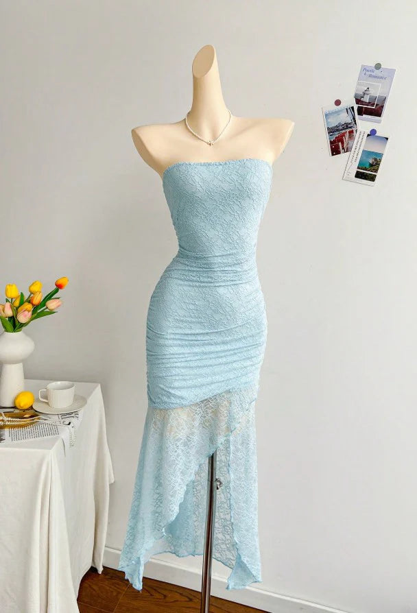 Blue Lace Bodycon Short Party Dress Strapless Backless Gorgeous Royal Evening Dress