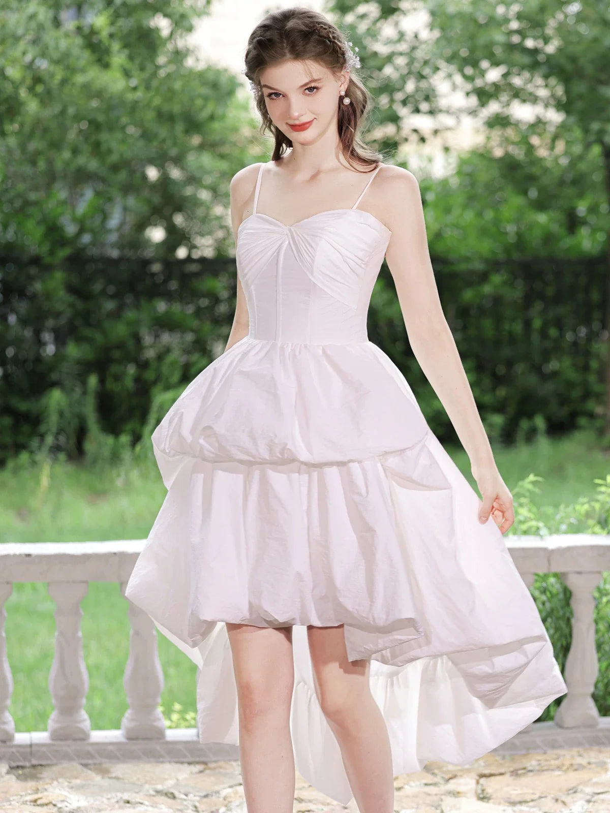 White Sweetheart Neck High Low Prom Dress, Retract Your Waist Homecoming Dress