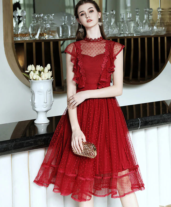 Burgundy Tulle Lace Short Prom Dress, Retract Your Waist Homecoming Dress