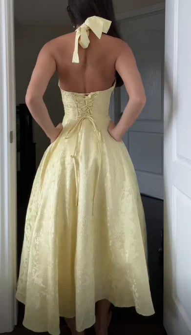 Exquisite tailoring Deep V Neck Yellow Halter A Line Sleeveless Prom Dress