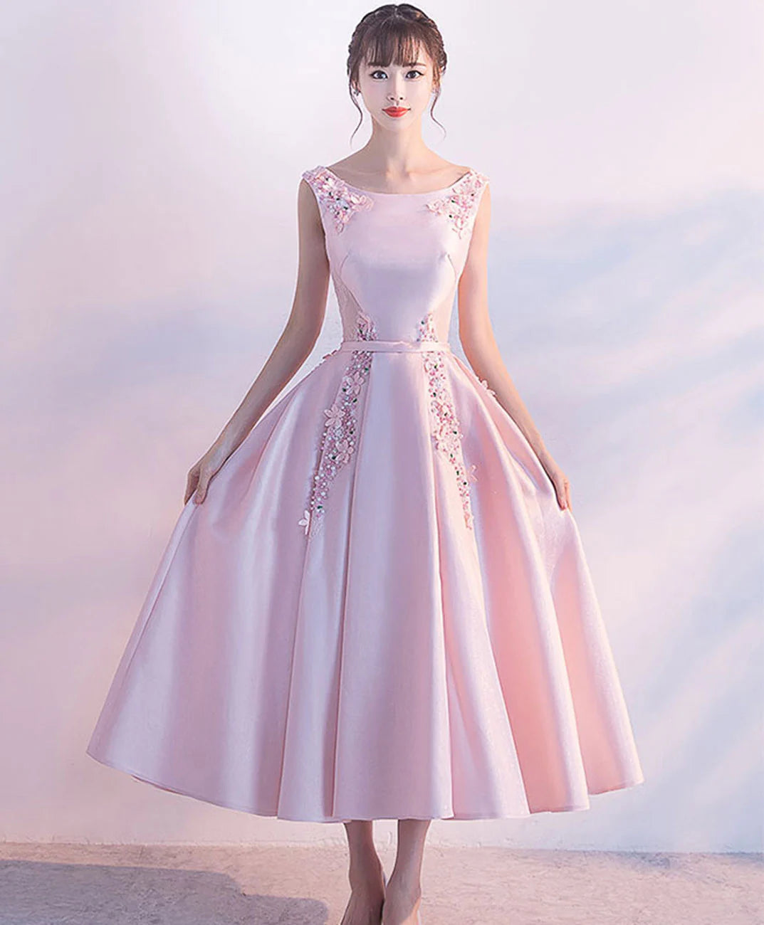 Pink Satin Lace Tea Length Prom Dress, Full of charm Evening Dress