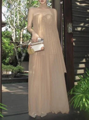 French style mesh ribbon tube top dress backless off shoulder party dress