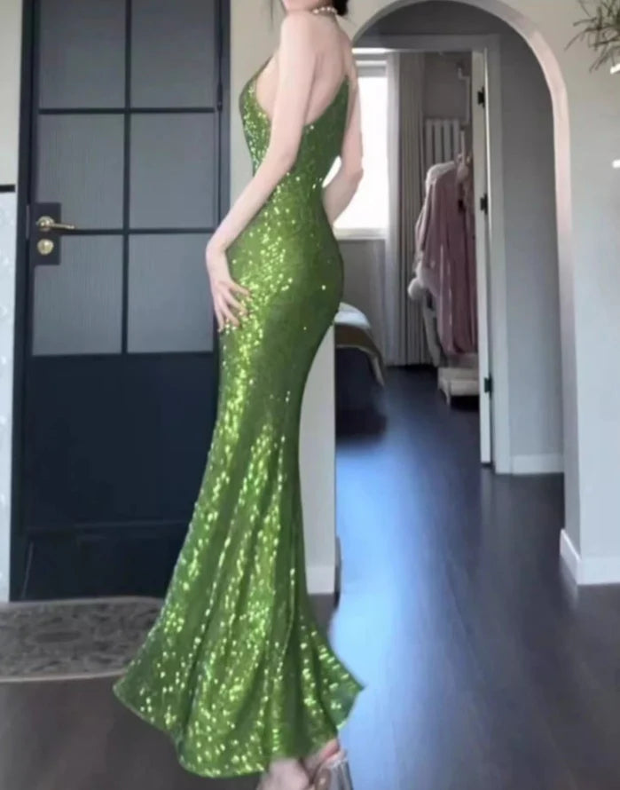 Sheath Spaghetti Strap Sequined Prom Dress Vintage Green Birthday Dress
