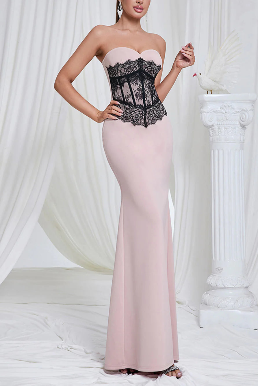 Unique design Mermaid Pink Strapless Lace Exquisite tailoring Long Prom Dress
