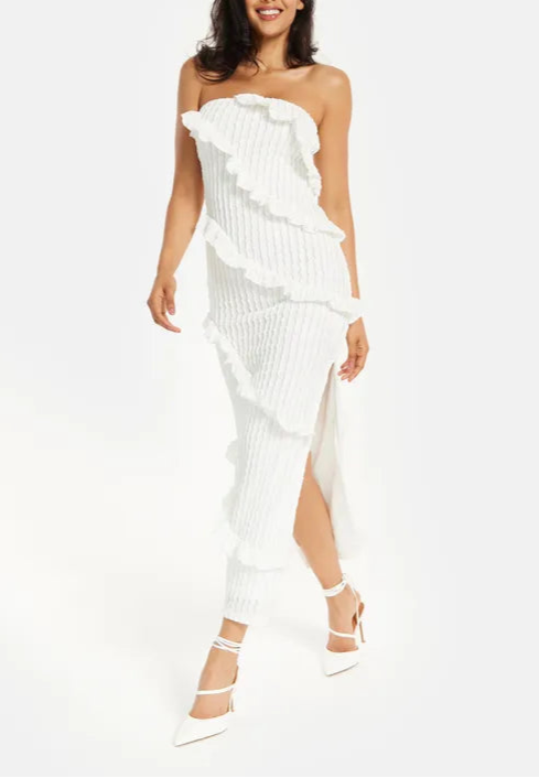 Liquorish Diagonal Friled Slit Detail Jersey Bridesmaids Dress In White