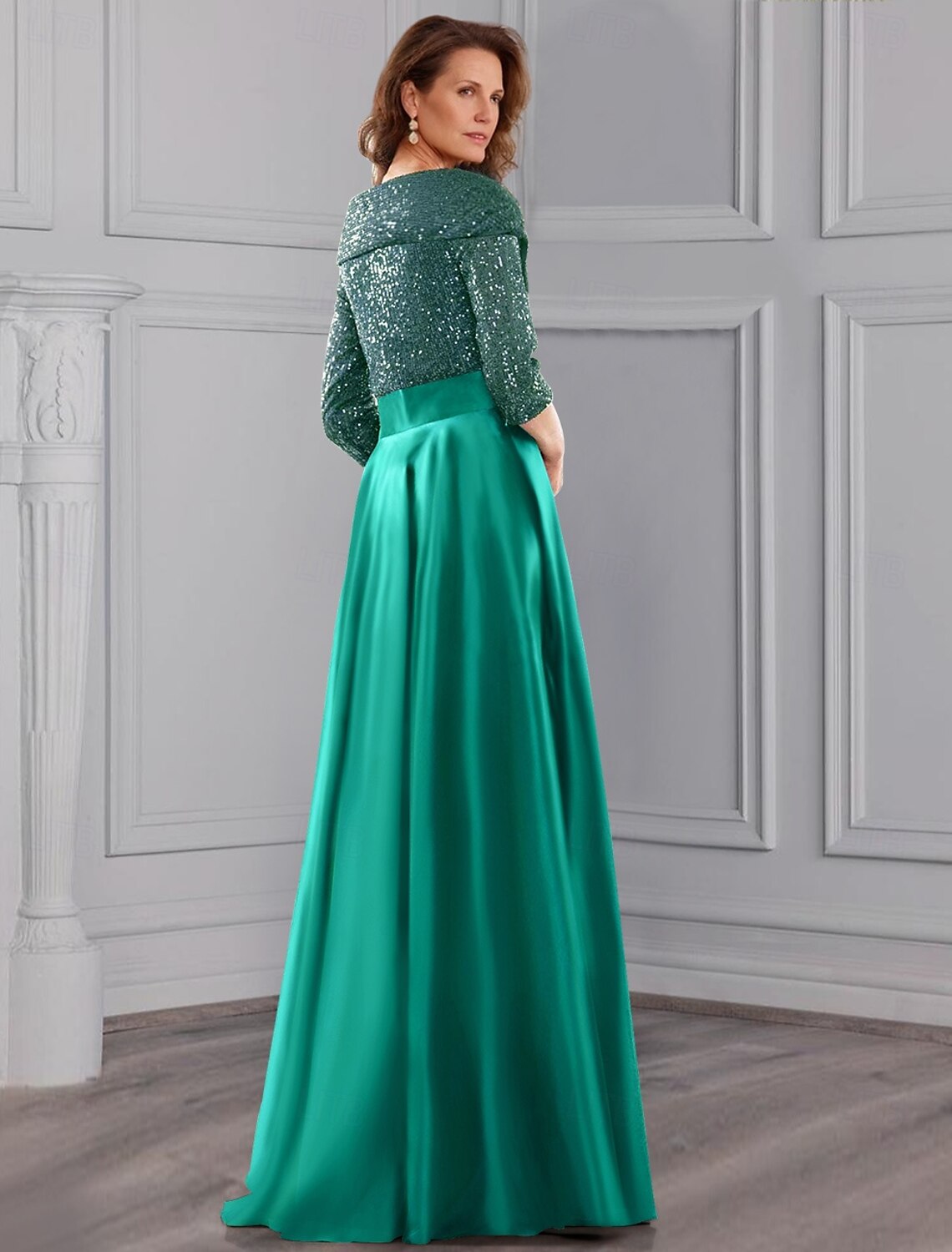 A-Line Mother of the Bride Dress Elegant Luxurious Sparkle & Shine Shirt Collar Floor Length Satin Glitter Lace Half Sleeve with Pleats Draping