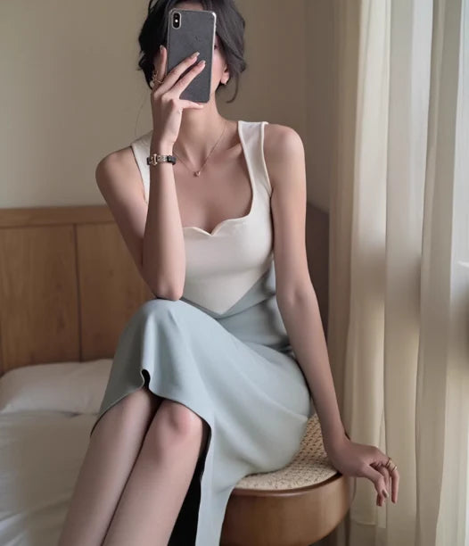 French retro contrast color splicing V-neck knitted Retract Your Waist Party Dress