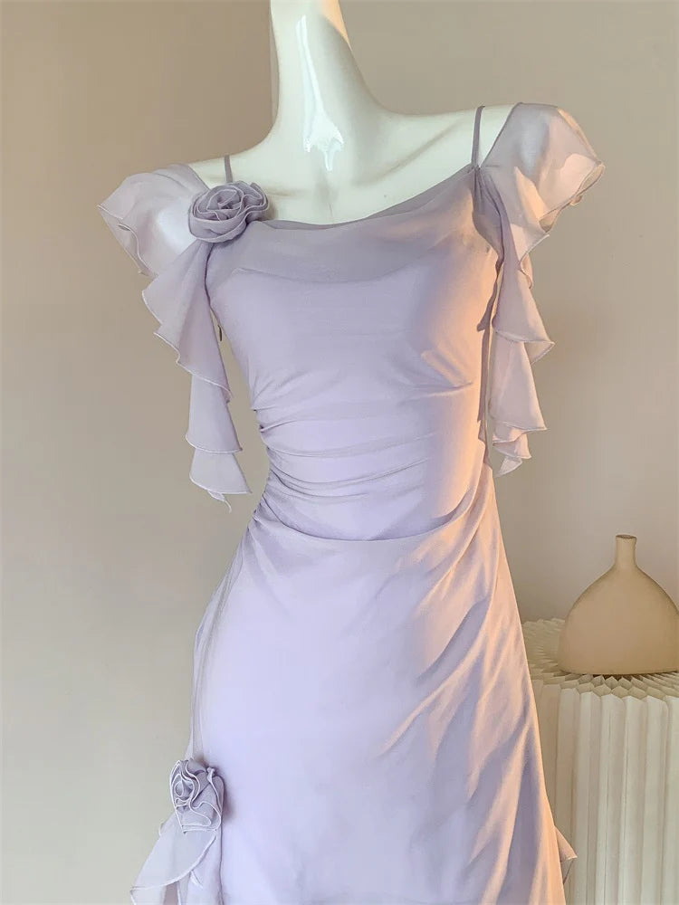 Elegant Light Purple Straps A-Line Chiffon Ruffle Unique design Party Dresses