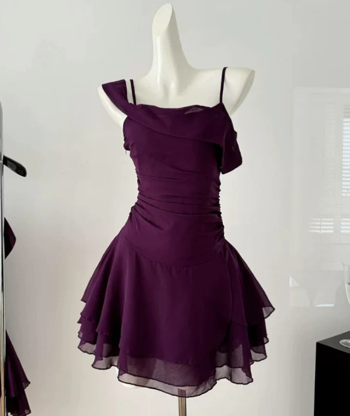 Cute A Line Straps Grape Purple Chiffon Short Homecoming Dress