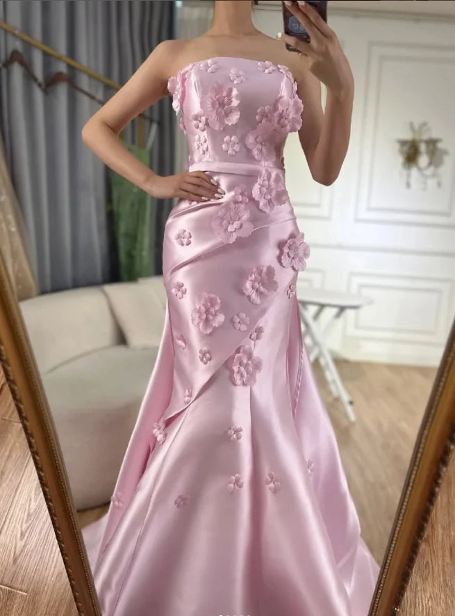 Sweet Pink Mermaid Strapless Prom Dress 3D Floral Satin Evening Dress