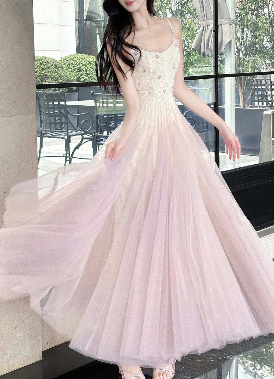 Sweet Pink Purple Lace Tulle Spaghetti Strap  Retract Your Waist A-Line Prom Dresses