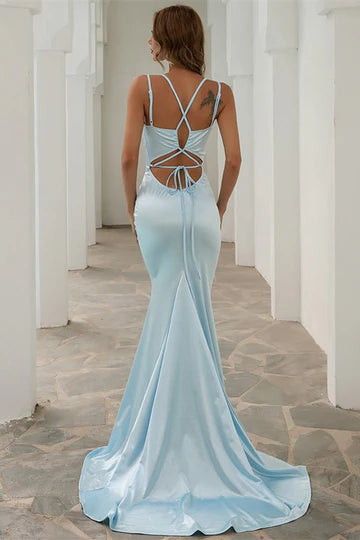 Light Blue Classic fit Satin V-Neck Lace-Up Mermaid Long Evening Dress