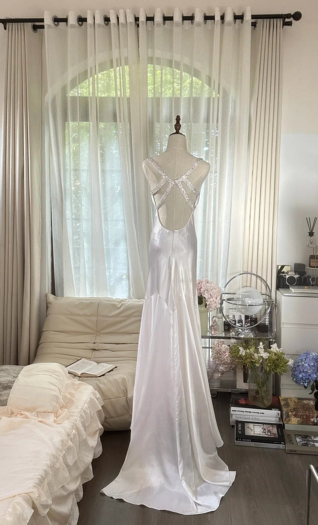 Classy Mermaid V Neck Beaded White Satin Long Open Back Party Dress