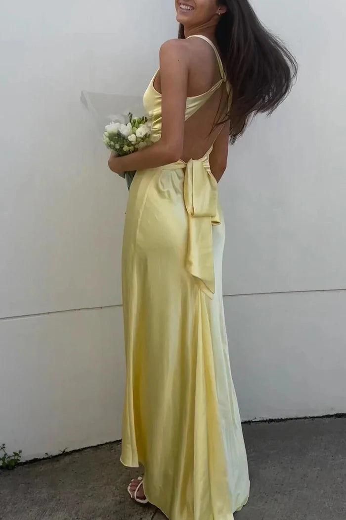 Yellow Long Chic Sheath Halter Neck Party Dress with Backless Bowknot