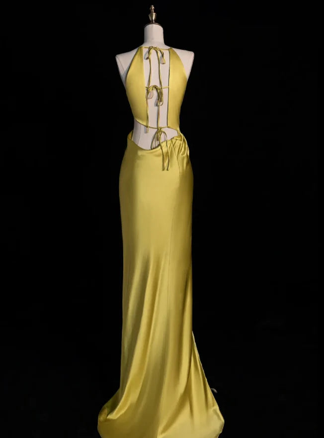 Yellow Sheath Halter Satin Open Back Prom Dress Graduation Party Dress with Slit