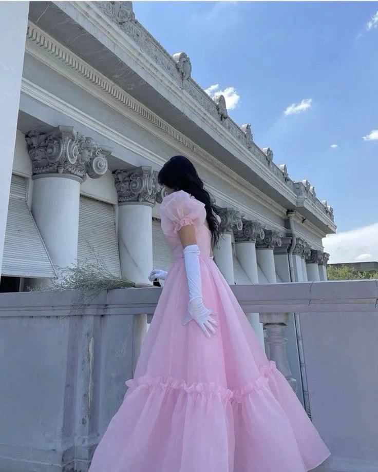 Unique design Vintage A-line Prom Dress Pink Retract Your Waist Organza Princess Dress