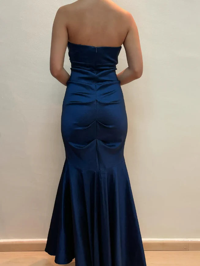 Vintage Mermaid Sweetheart Neck Beaded Navy Blue Satin Prom Dress