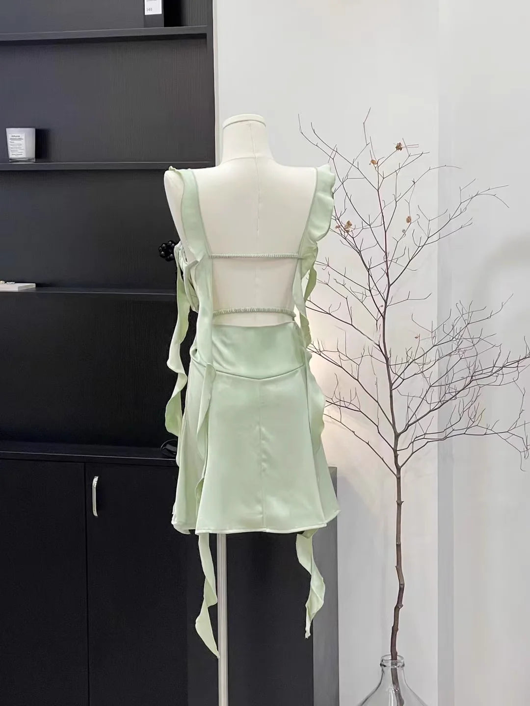 Straps Sleeveless Ruffled Sage Green Short Sexy Sheath Women's Holiday Summer Homecoming Dresses