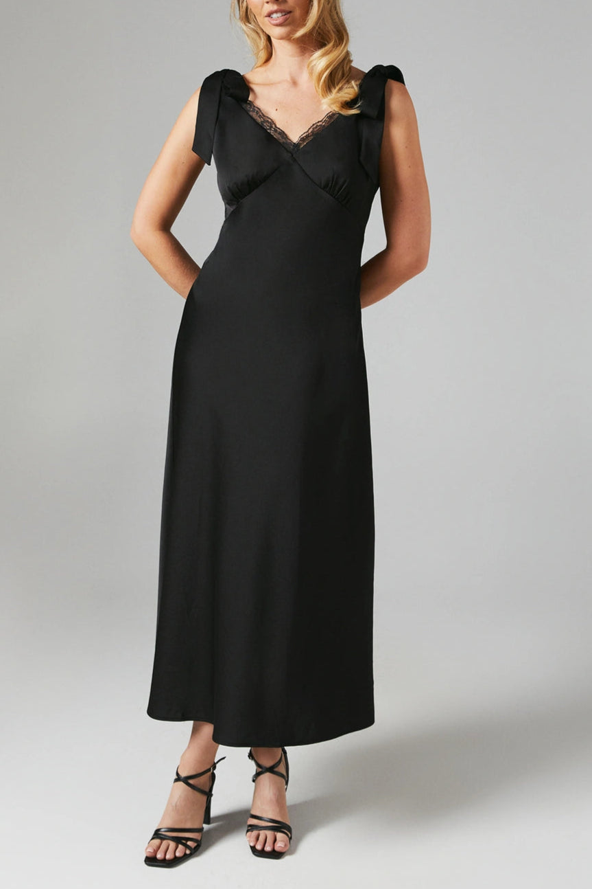 Satin Lace Insert Tie Shoulder Unique design Midi Bridesmaids Dress