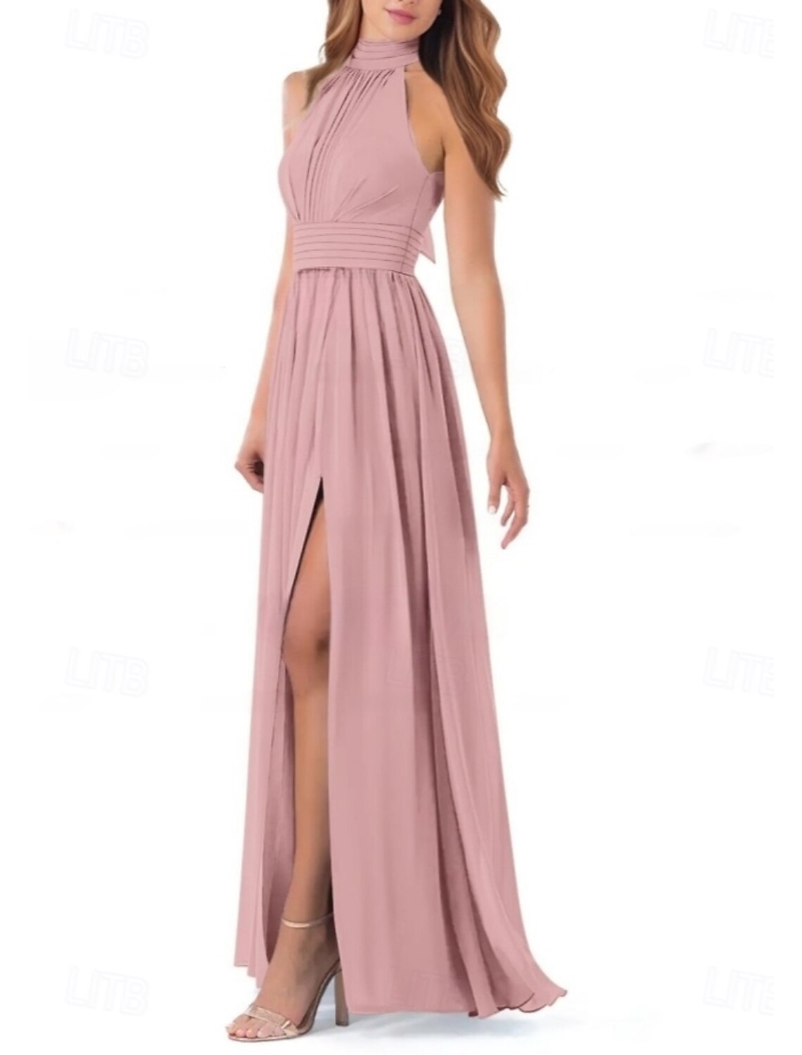 A-Line Bridesmaid Dress Halter Neck Short Sleeve Elegant Floor Length Chiffon with Pleats / Split Front / Ruching