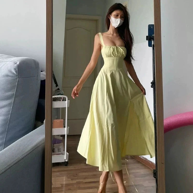 Straps Ruffled Yellow Cute A line Ankle Length Women's Vacation Prom Dresses