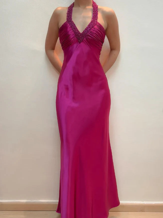 Hot Pink Mermaid V Neck Beaded Satin Open Back Prom Dress
