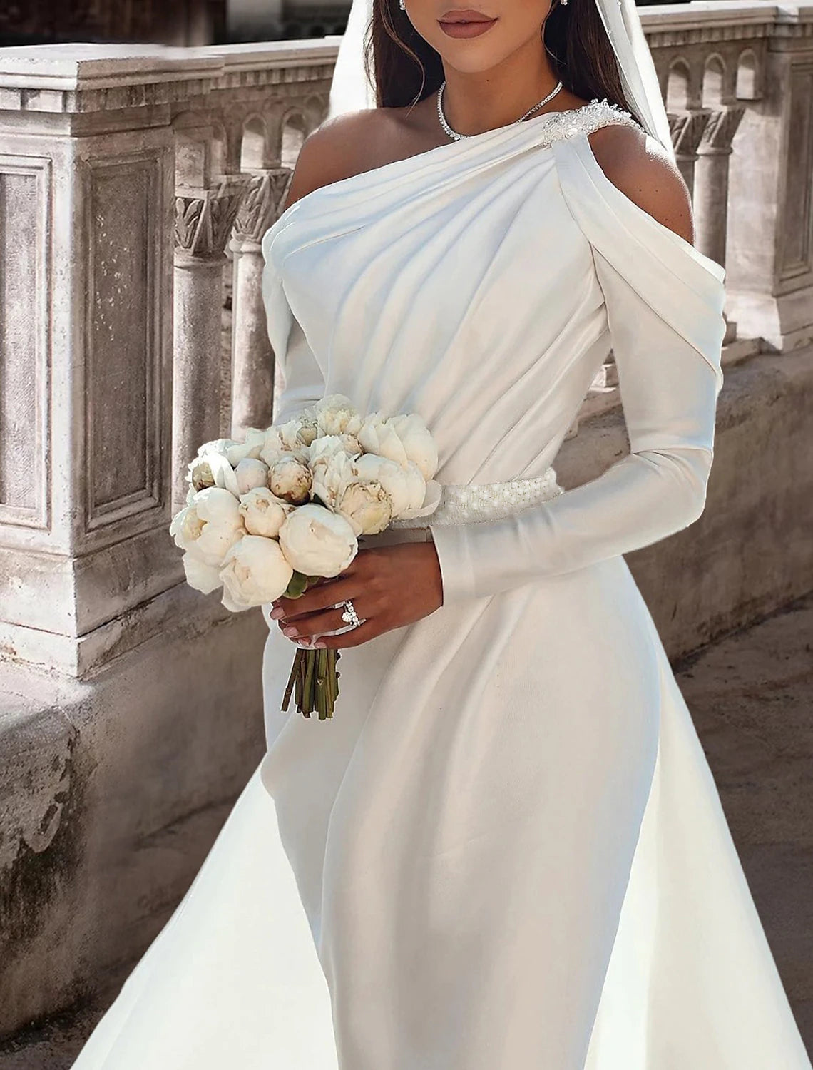 Long Sleeve Formal Wedding Dresses Two Piece One ShoulderFloor Length Satin Bridal Gowns With Sash