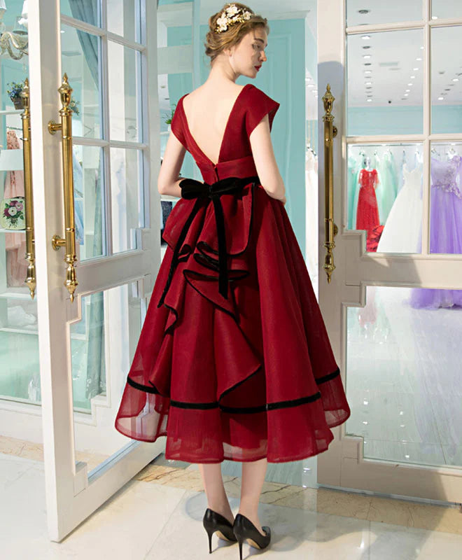 Burgundy V Neck Tea Length Prom Dress, Unique design Evening Dress