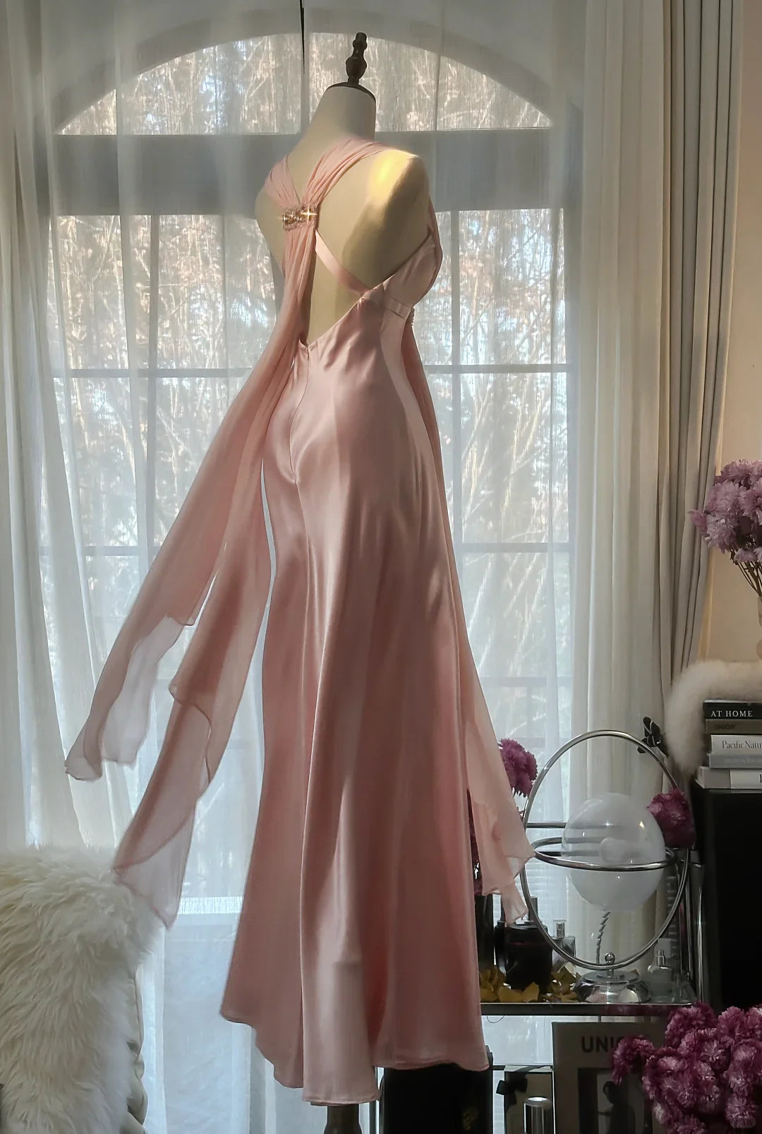 Classy A Line V Neck Beaded Pink Chiffon Satin Long Party Dress
