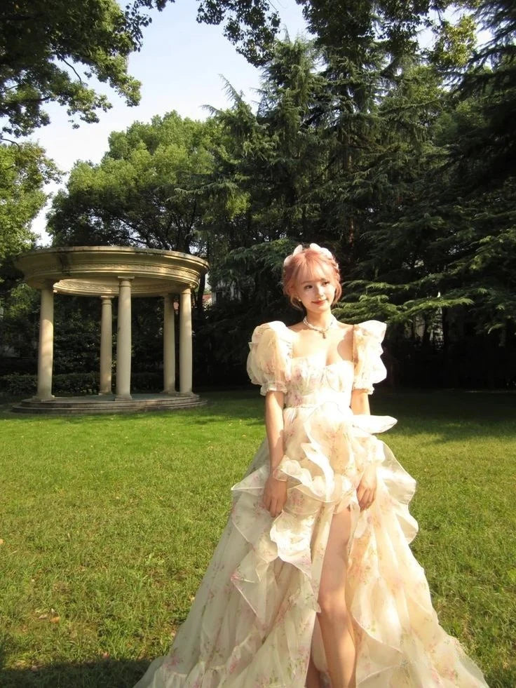 Puff Sleeve Print Flower Chiffon Party Dress Romantic A Line Evening Dress with Slit