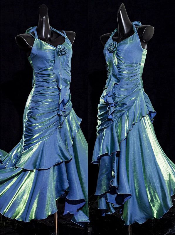 Vintage Mermaid Spaghetti Straps Ruffle Ice Blue Satin Long Length Prom Dress