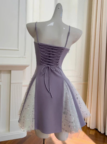 Gorgeous Lavender Satin Short Prom Dresses Glitter Tulle Spaghetti Straps A-Line Homecoming Dresses with Bows