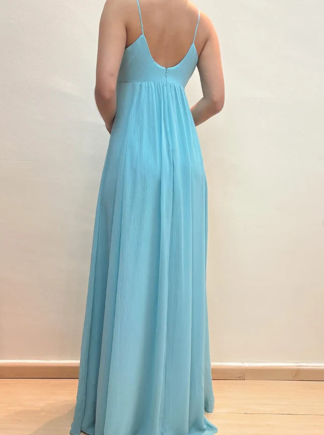 2025 New A Line Spaghetti Strap Beaded Sequin Blue Chiffon Prom Dress