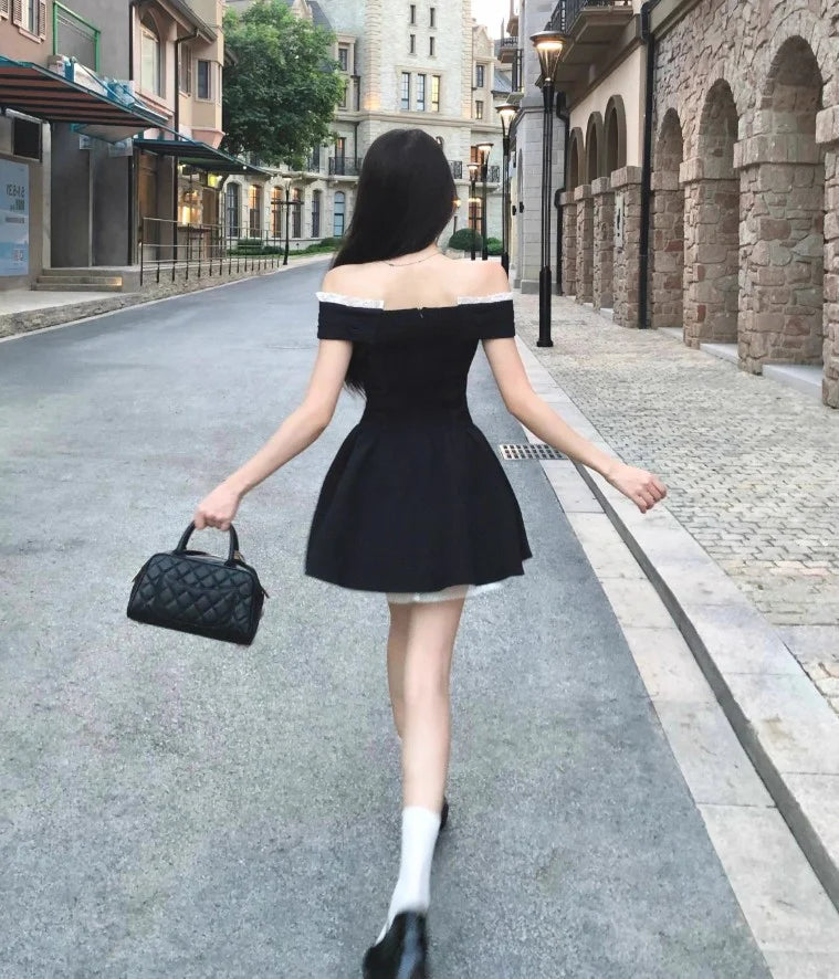 French unique design style black off-shoulder retract your waist party dress