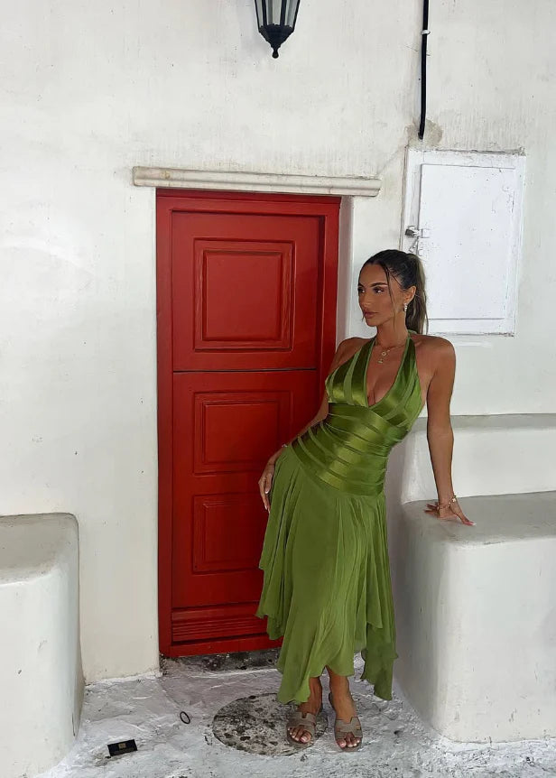 Elegant A Line Halter Green Satin Chiffon Open Back Prom Dress