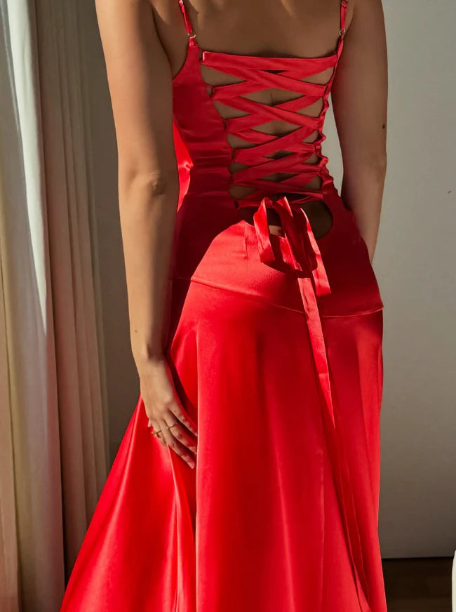 Sexy Mermaid Spaghetti Strap Red Satin Prom Dress Evening Dress with Slit