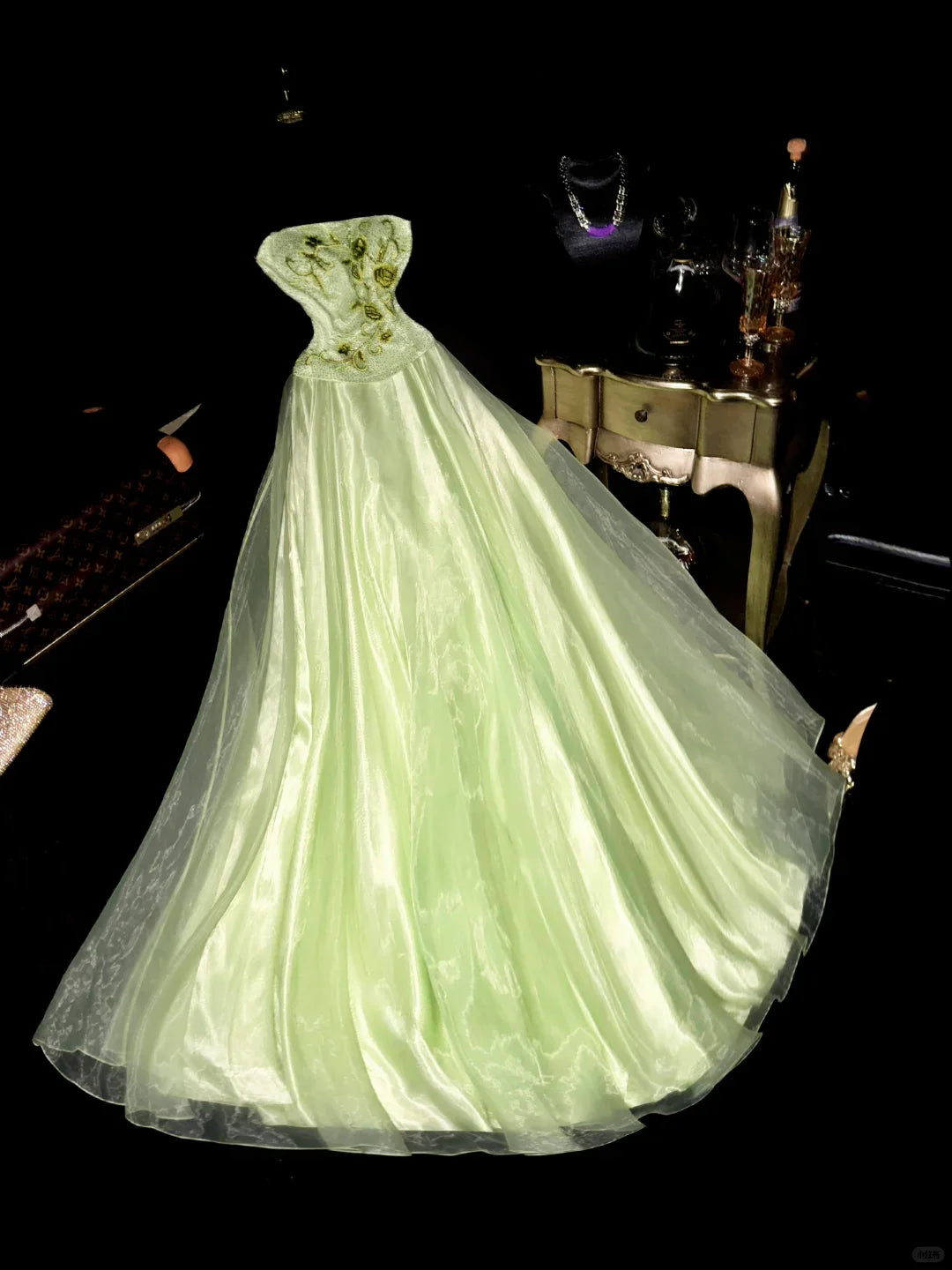 Gentle A Line Strapless Beaded Embroidery Green Organza Satin Long Party Dress