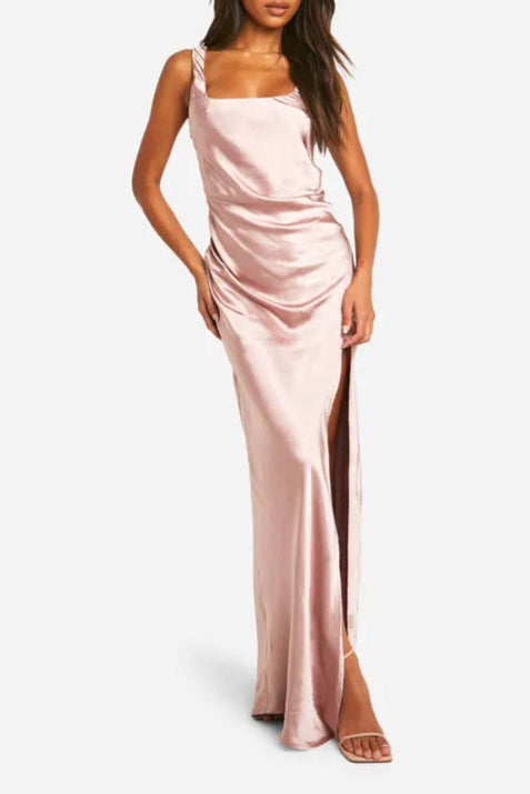 Bridesmaid Satin Unique design Appropriate color matching Square Neck Maxi Dress
