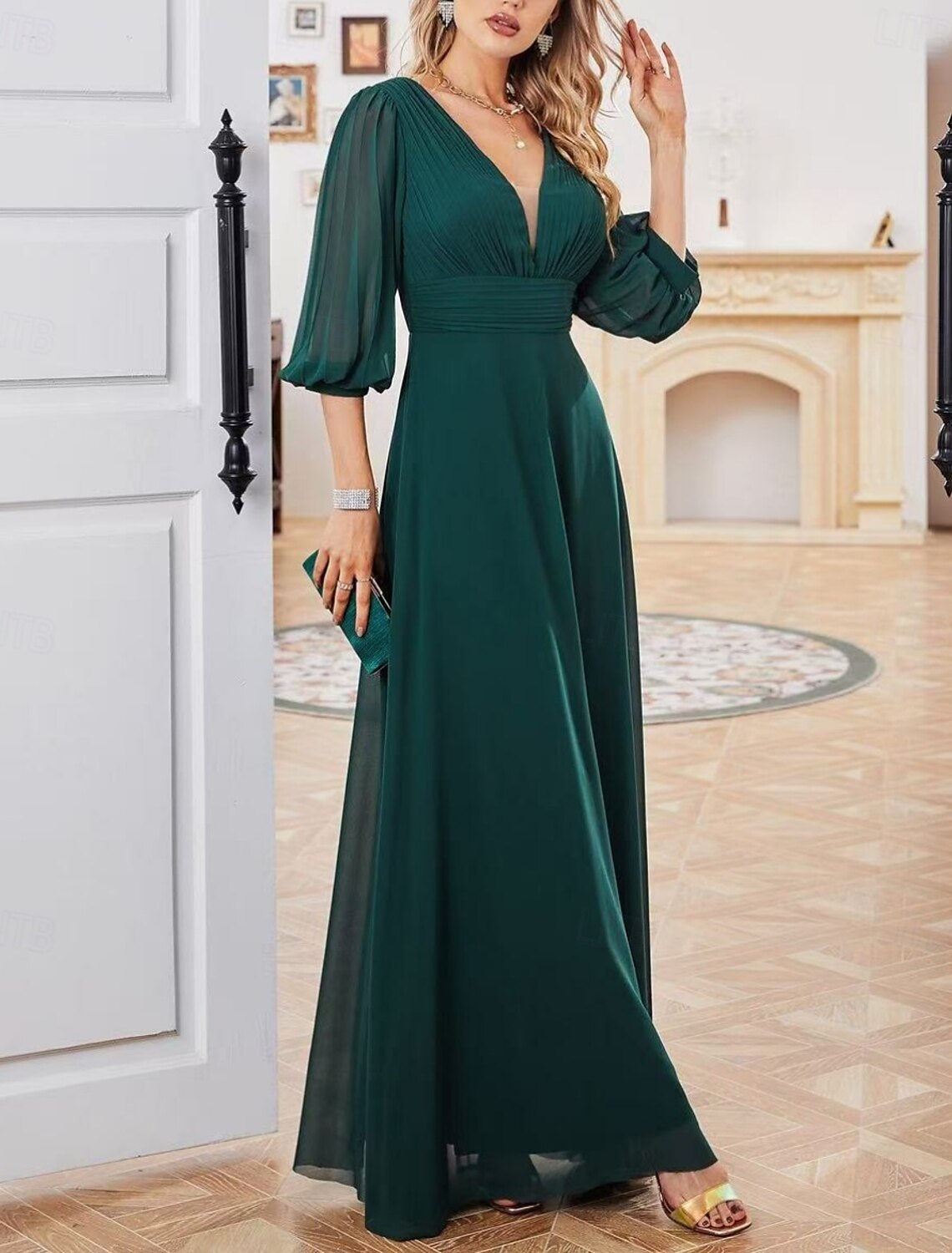 A-Line Bridesmaid Dress V Neck 3/4 Length Sleeve Elegant Floor Length Chiffon Solid Color