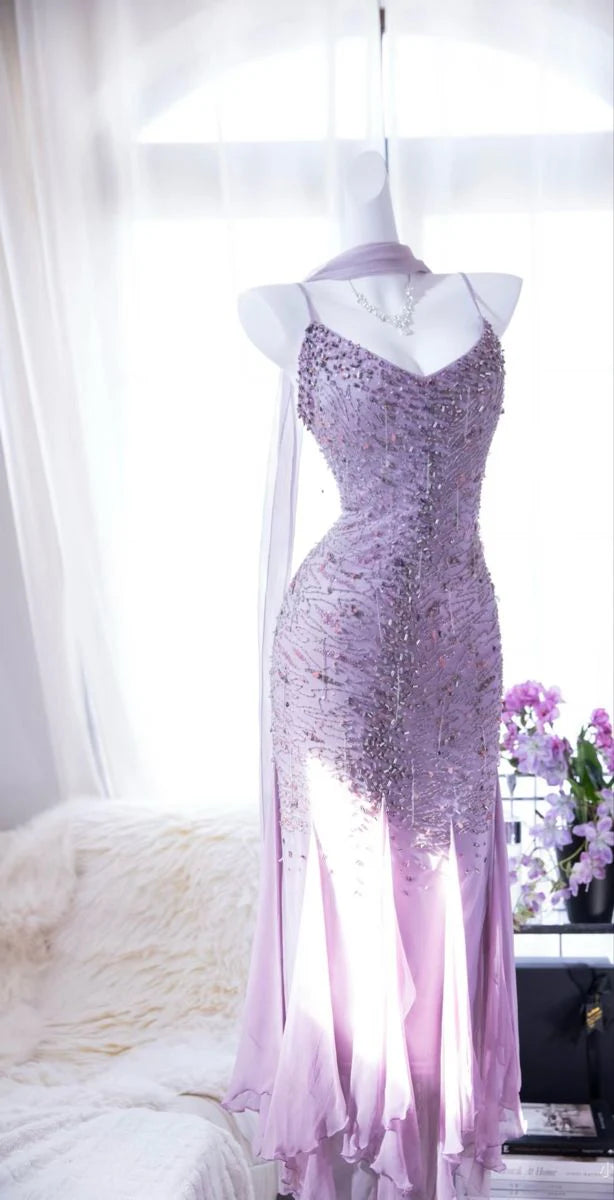 Spaghetti Strap Beaded Purple Chiffon Party Dress Gentle Mermaid Evening Dress