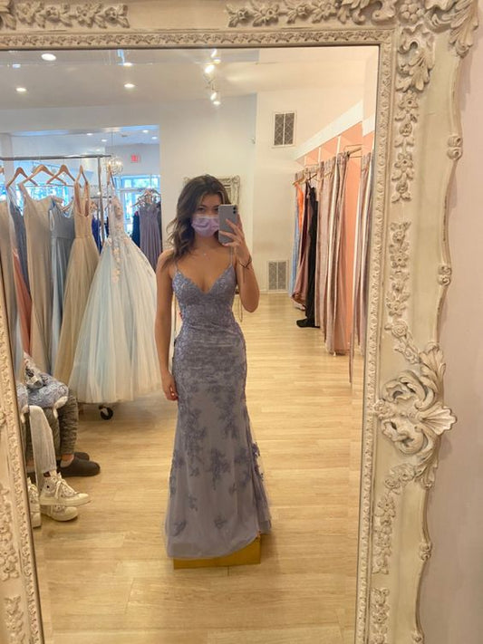 Plunge V Applique Satin Sleeveless Lace Up Long Prom Dresses