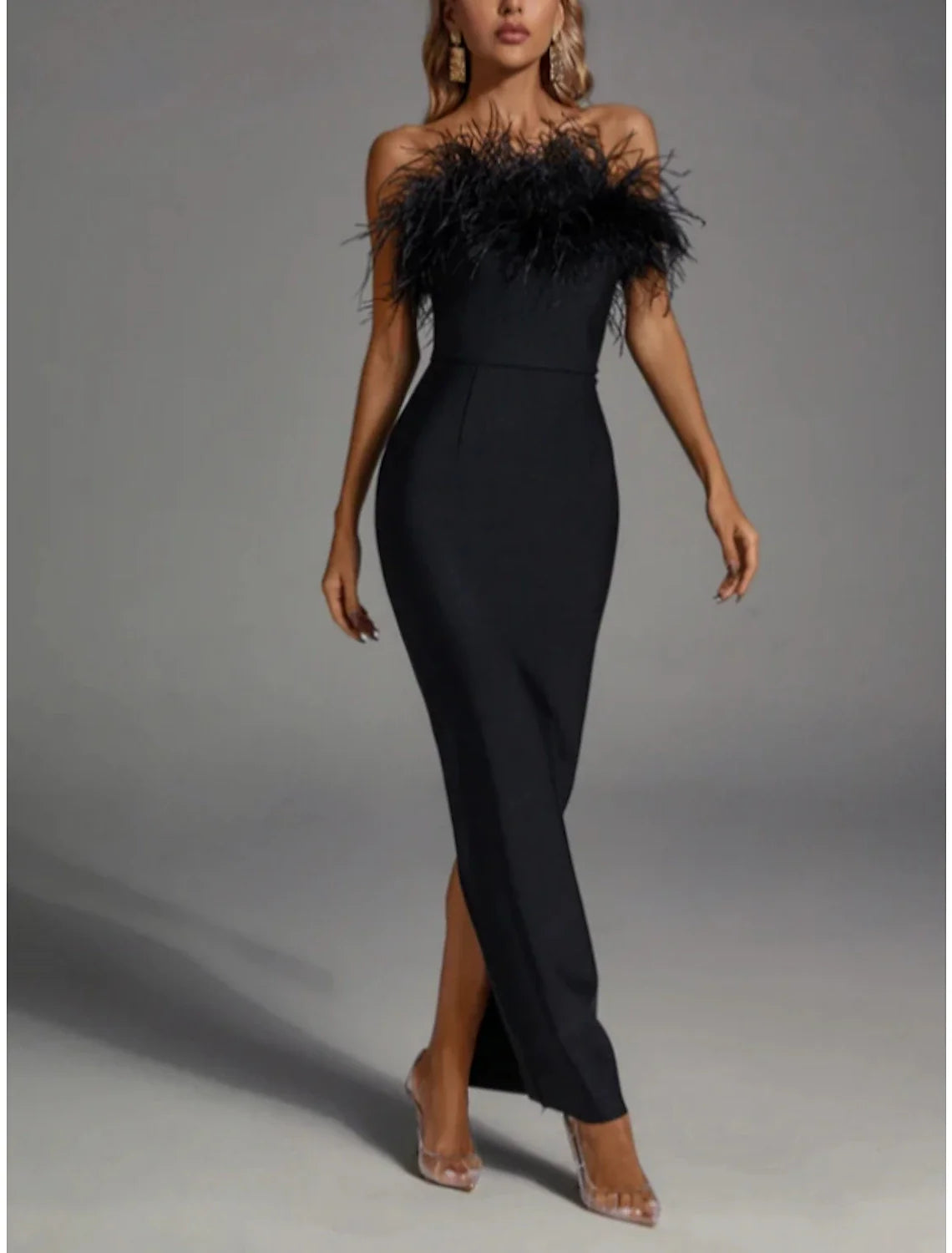 DingJiDress Black Sheath / Column Evening Gown Elegant Dress Formal Fall Ankle Length Sleeveless Strapless Stretch Fabric with Feather