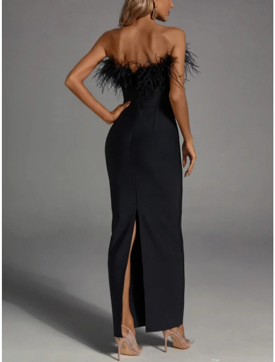DingJiDress Black Sheath / Column Evening Gown Elegant Dress Formal Fall Ankle Length Sleeveless Strapless Stretch Fabric with Feather