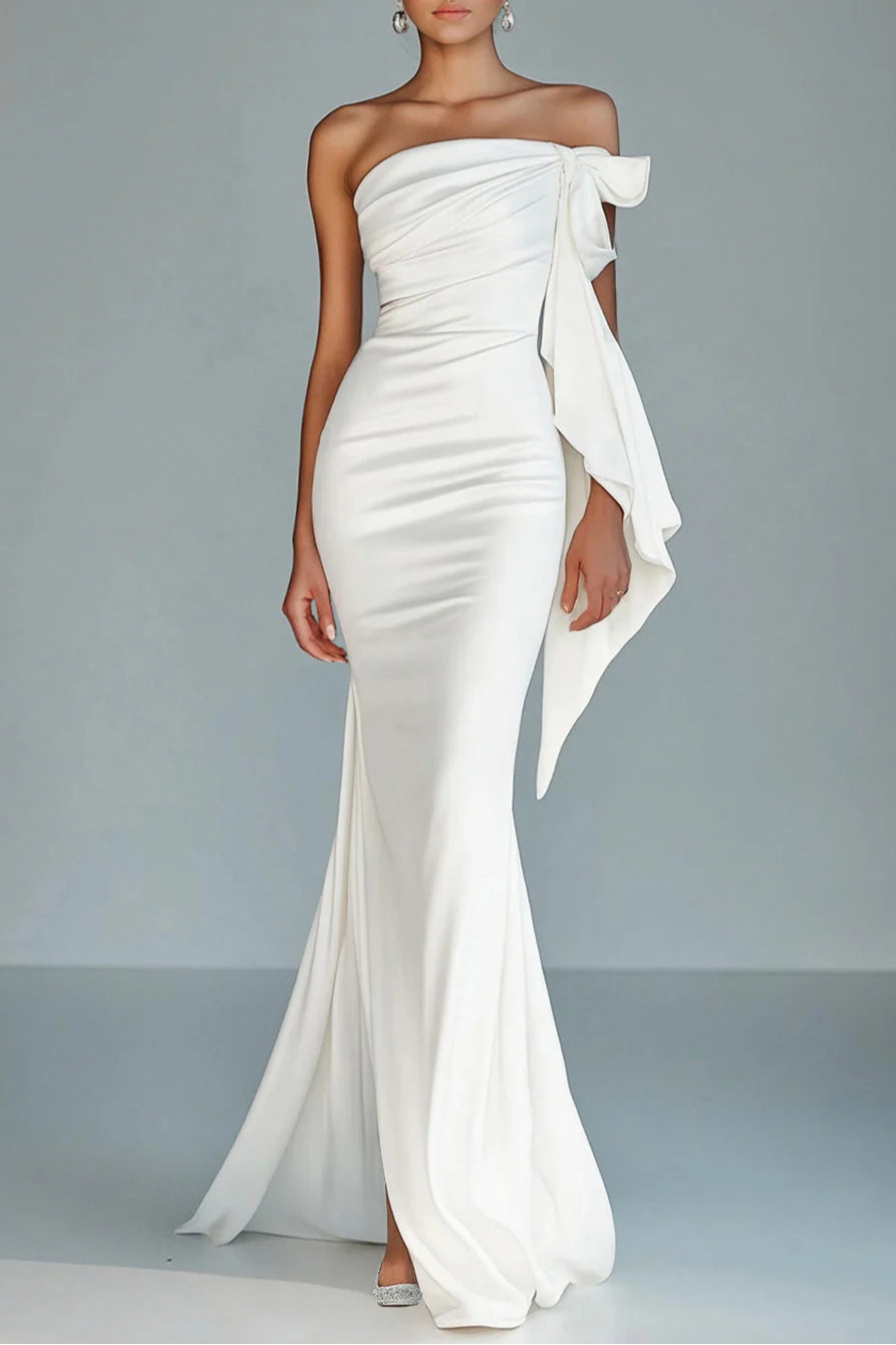 Full of charm White Strapless Mermaid Ruffled Retract Your Waist Formal Dress