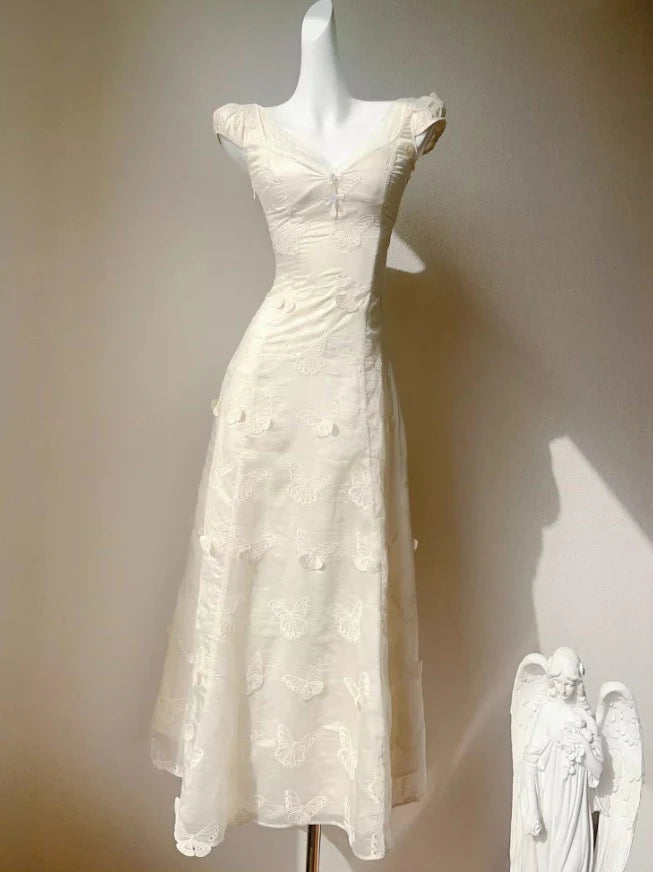 Hollow Butterfly Embroidery Dress French Summer Vacation Waist Party Dress