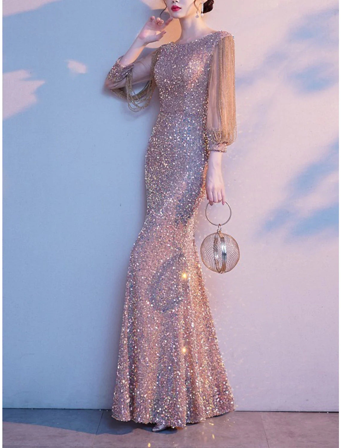 Sheath / Column Mother of the Bride Dress Elegant Sparkle & Shine Petite Jewel Neck Floor Length Sequined 3/4 Length Sleeve