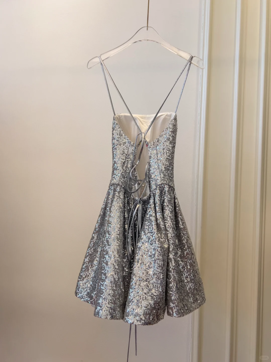 Shiny A Line Spaghetti Strap Silver Sequin Short Open Back Homecoming Dress