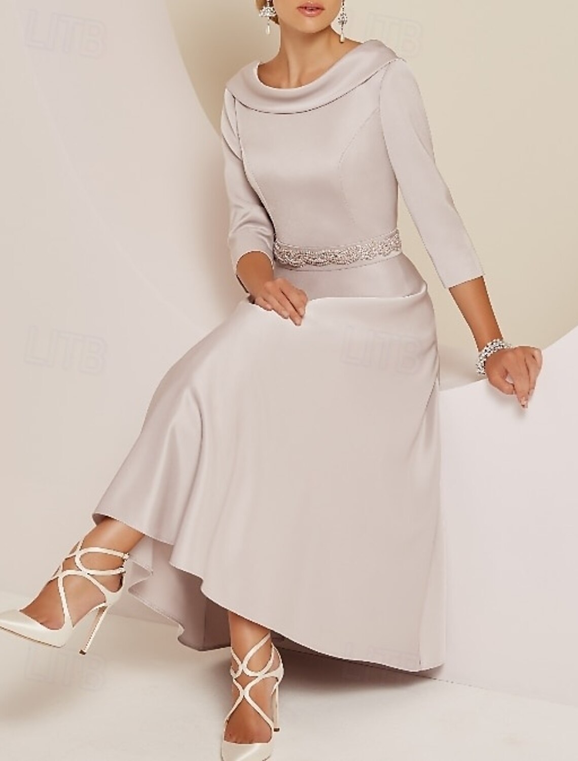 A-Line Dress Mother of the Bride Dress Elegant Vintage Bateau Neck Tea Length Satin 3/4 Length Sleeve with Beading Derby Dress Race Day Dress