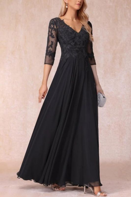 Half Sleeves Chffon Mother of the Bride Dress V-Neck Lace Appliques Wedding Formal Dress