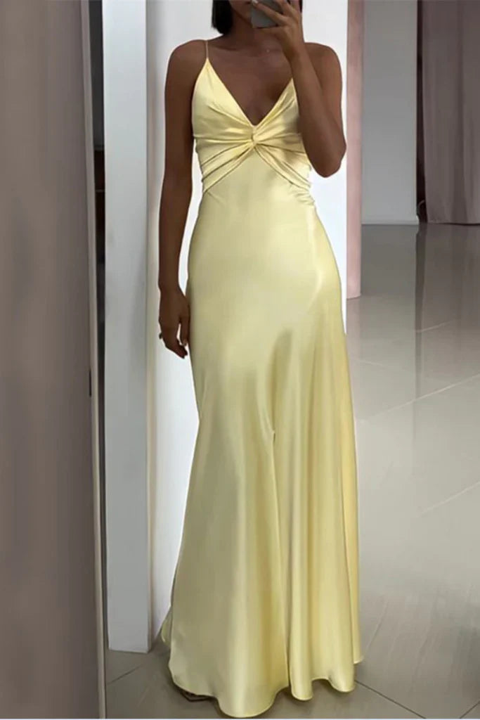 Backless Satin Sheath Spaghetti Strap V-Neck Party Dress Sexy Yellow Prom Dress